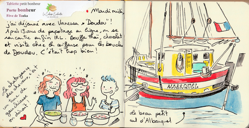 Bon repas à la Rochelle avec des amis. Croquis du voilier Albarquel.